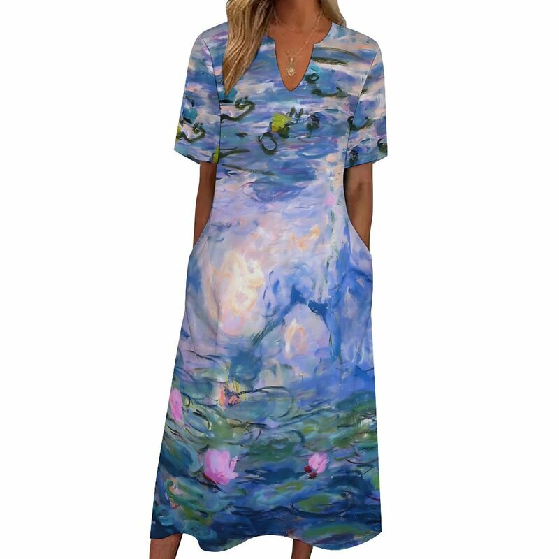 Painting Print Dress Water Lilies Monet Elegant Maxi Dress Bohemia Long Dresses Ladies Short Sleeve Design Oversized Clothing