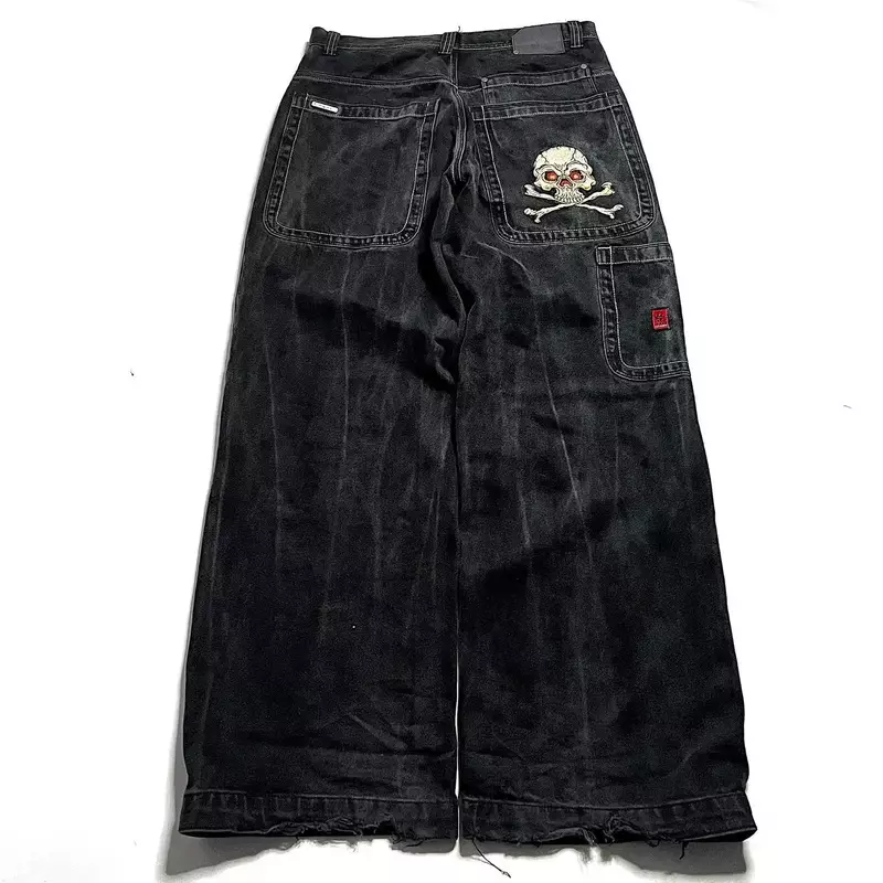 Harajuku JNCO Embroidered Baggy Jeans New Hip Hop Retro Skull Graphic Denim Pants Men Women Goth Jeans High Waist Wide Trousers