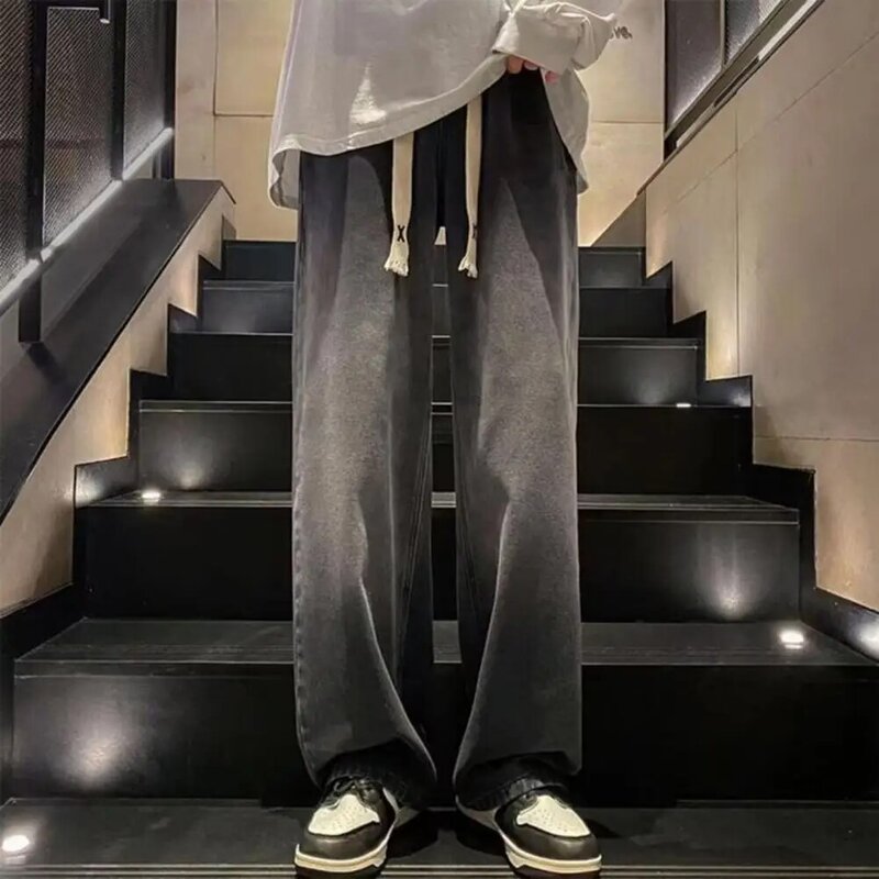 Dżinsy z regulowaną talią inspirowane stylem Retro męskie spodnie pełnej długości szerokie nogawki z głębokim kroczem elastyczna talia dla hiphopowy sweter mężczyzn