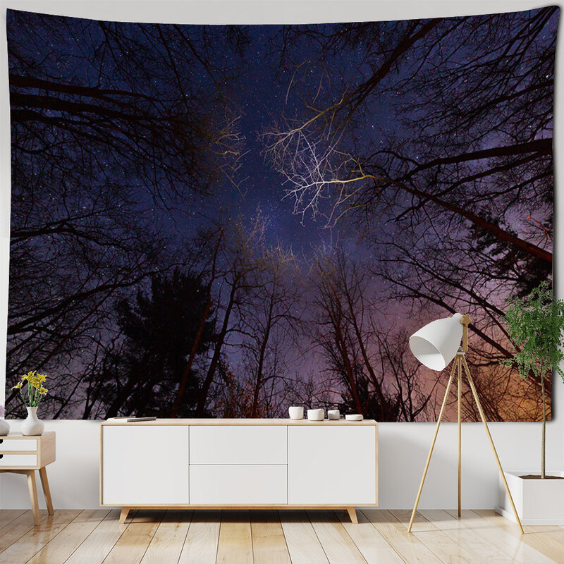 Tapiz de cielo estrellado para colgar en la pared, tela de fondo con estampado de paisaje de bosque nocturno, decoración artística para sala de estar y dormitorio
