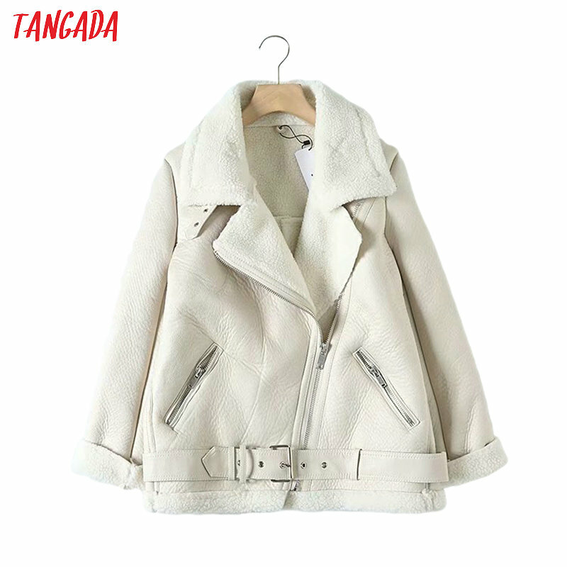 벨트와 Tangada 여성 베이지 색 모피 가짜 가죽 자켓 코트 칼라 숙녀 2021 겨울 두꺼운 따뜻한 대형 코트 5b01을 거절