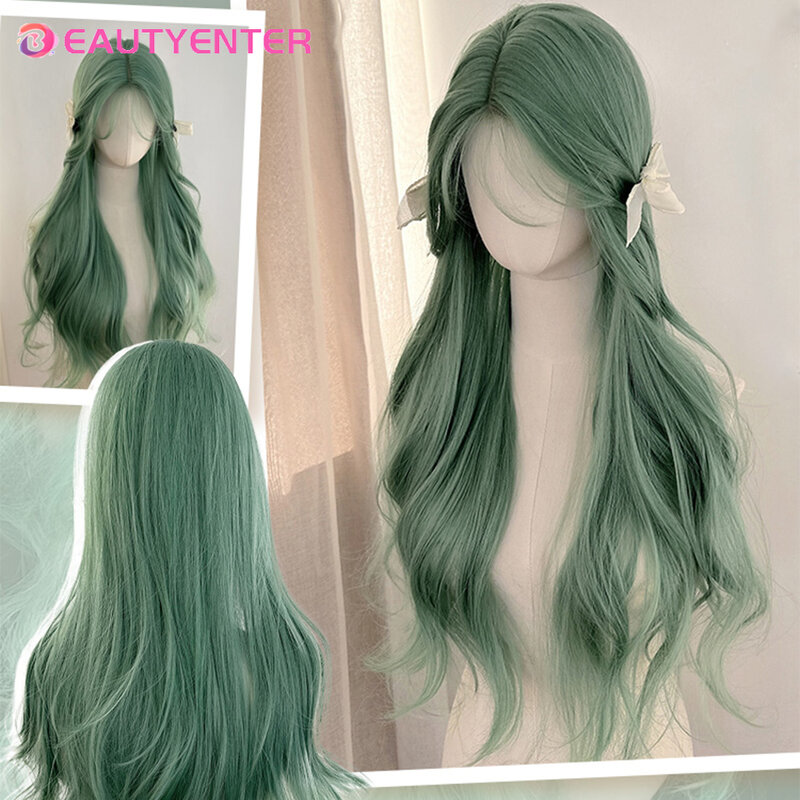 Peruka BEAUTYENTER damska długie włosy miętowo-zielona gwiazda w tym samym stylu syntetyczny długie kręcone włosy wszechstronny zestaw na całą głowę COS