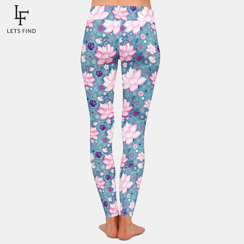 Letsfind 2020 novas calças de fitness 3d textura de lotus imprimir leggings femininas cintura alta elástico treino leggings completos
