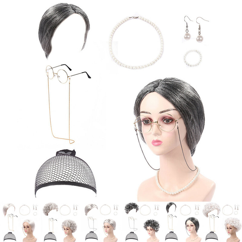 نظارات بإطار قصب قابل للنفخ مع سلسلة ، شعر مستعار للجدة ، شال الجدة ، اللؤلؤ الاصطناعي ، قلادة ، سوار ، أقراط