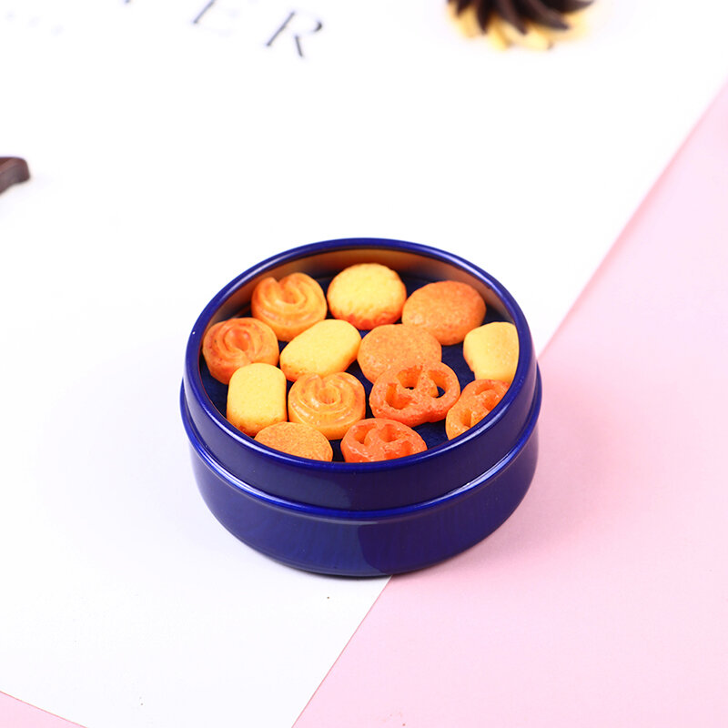 Caja de lata azul de galletas danesas en miniatura para casa de muñecas, accesorios de cocina Diy, 1 piezas, 1/12