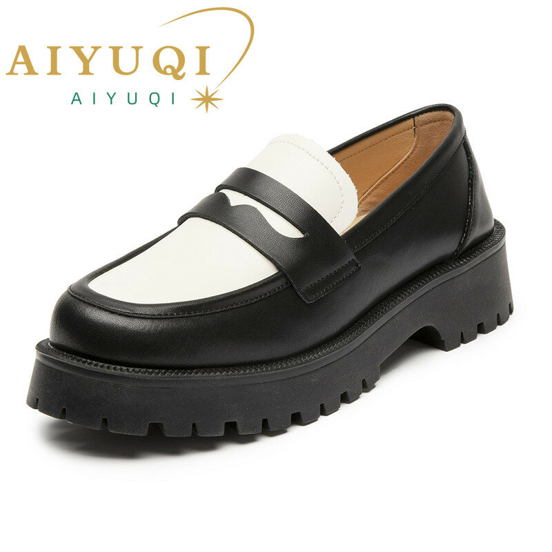 AIYUQI-mocasines de piel auténtica para mujer, zapatos de plataforma de estilo británico, talla grande, a la moda, para primavera