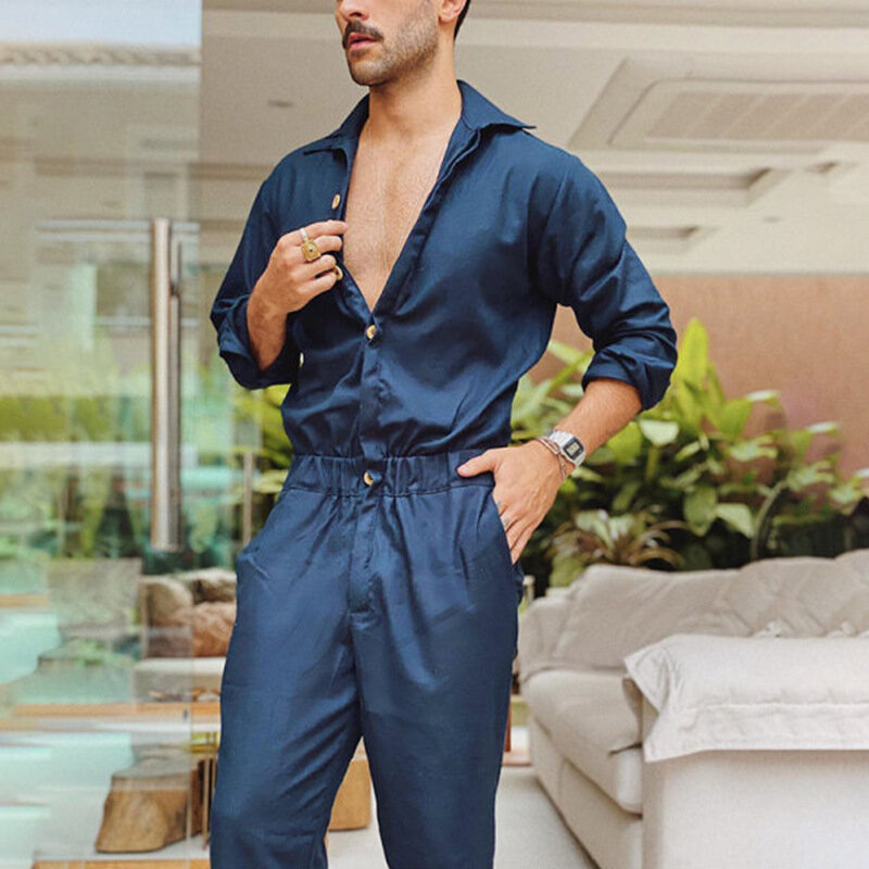 Men's Coveralls Autumn Long Sleeve New Thin Fashion Rompers Lapel Solid Color Jumpsuit Trend Men Clothes