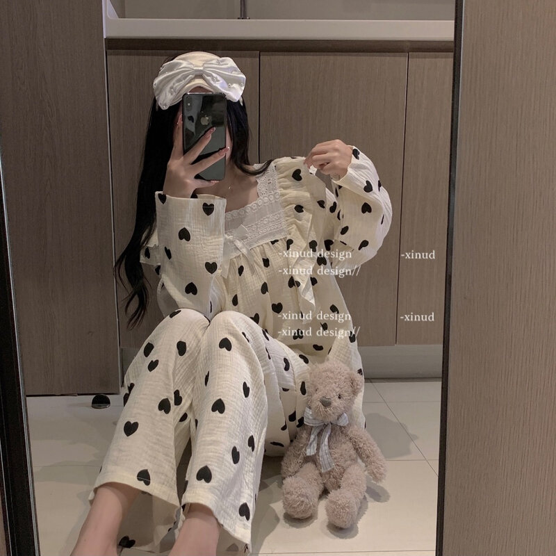 Conjunto de pijama con estampado de corazón para mujer, ropa de dormir de manga larga, pantalones de cuello cuadrado, 2 piezas, estilo coreano