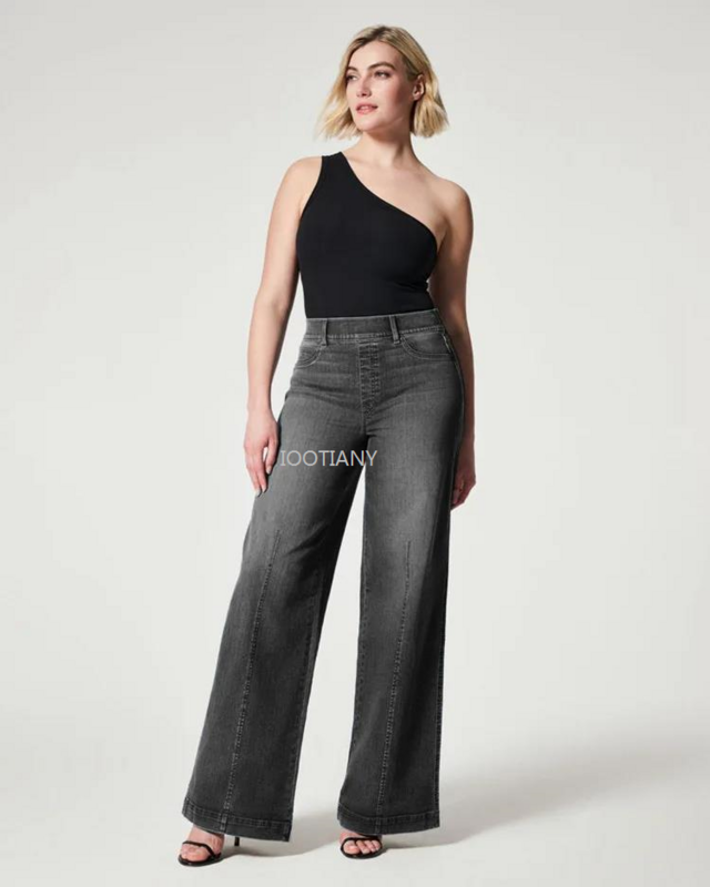 2024 Mode Mid Taille Denim weites Bein Hosen Damen High Stretch elastische Taille Jeans gewaschen lässige weibliche Hosen S-2XL