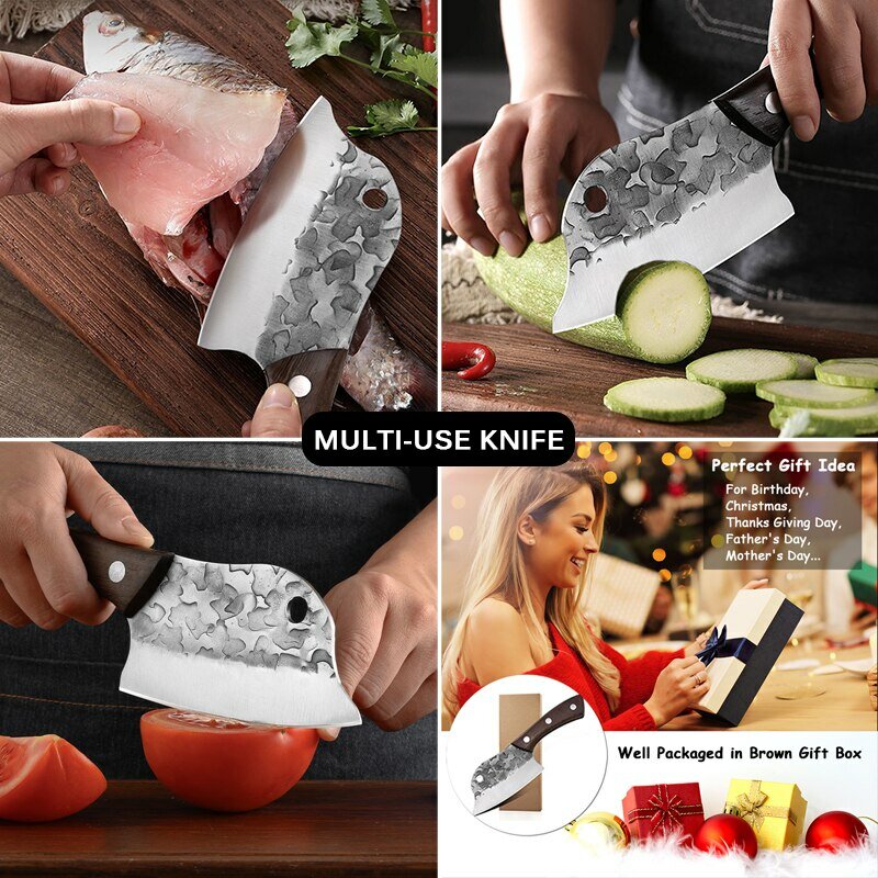 Meat Cleaver Hand Forged Full Tang Kitchen Knife Ultra Sharp Chef Knife Boning Knife Butcher Knife for Kitchen BBQ