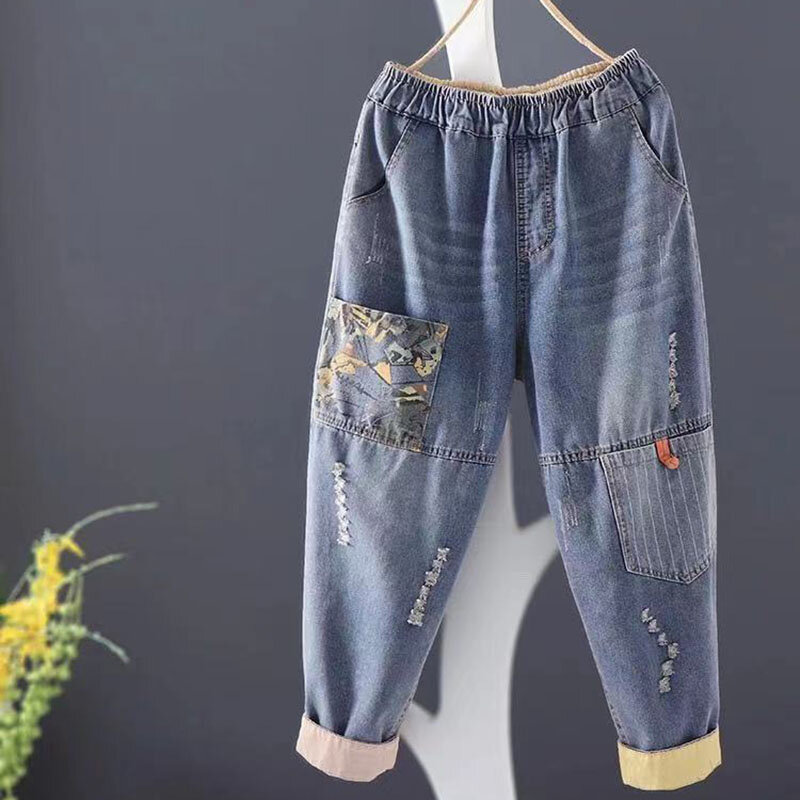 Женские рваные джинсы в стиле ретро, модные брюки контрастных цветов с высокой талией и карманами, укороченные брюки в Корейском стиле для лета