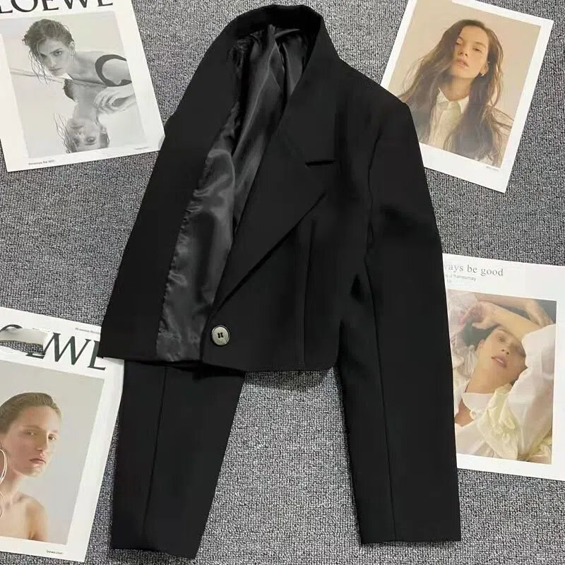 Korean Single Button Blazer Woman All-Match Long Sleeve Office Short Suit Jacket Ladies Solid Turndown Collar Crop Tops