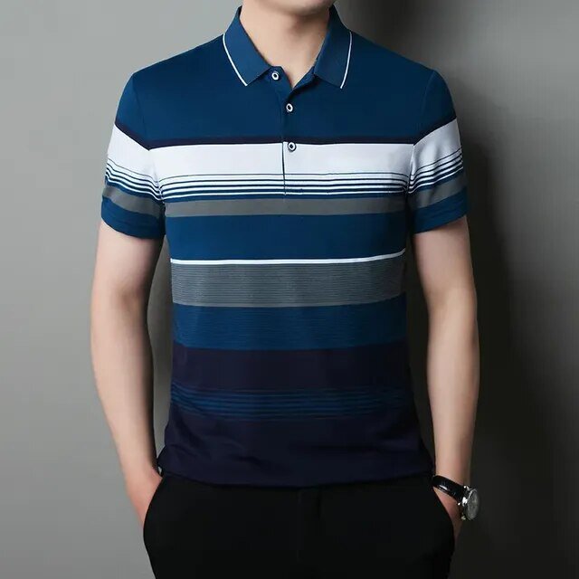 Summer Men's Polo Shirts Striped Print Business Style Button Clothing Casual Male Streetwear Short Sleeve T-Shirt Golf Shirt Man