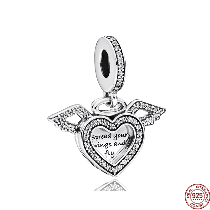 Błyszczące skrzydła anioła wiszące 925 srebrne mama tata paciorki DIY modna biżuteria dla kobiet pasuje do oryginalnego bransoletka Pandora