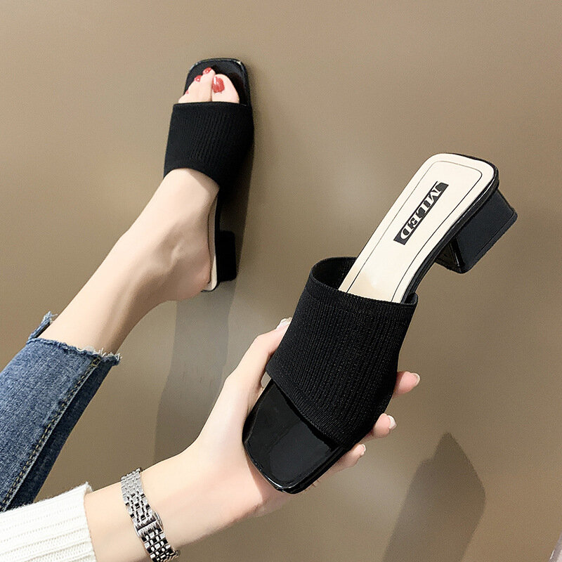 Comemore Fashion dzianinowe elastyczne z wystającym palcem sandały na grubym obcasie Outdoor casualowa wygodna eleganckie damskie kapcie letnie 40