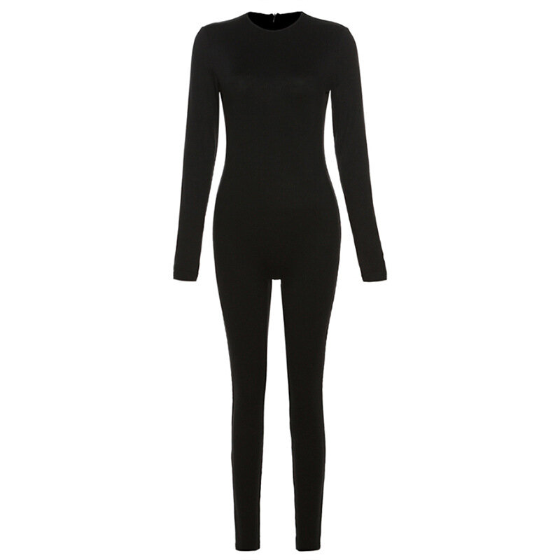 Knitting Jumpsuit Solid High Elasticity Round Neck Tight Fitting Simplicity Female Rompers
