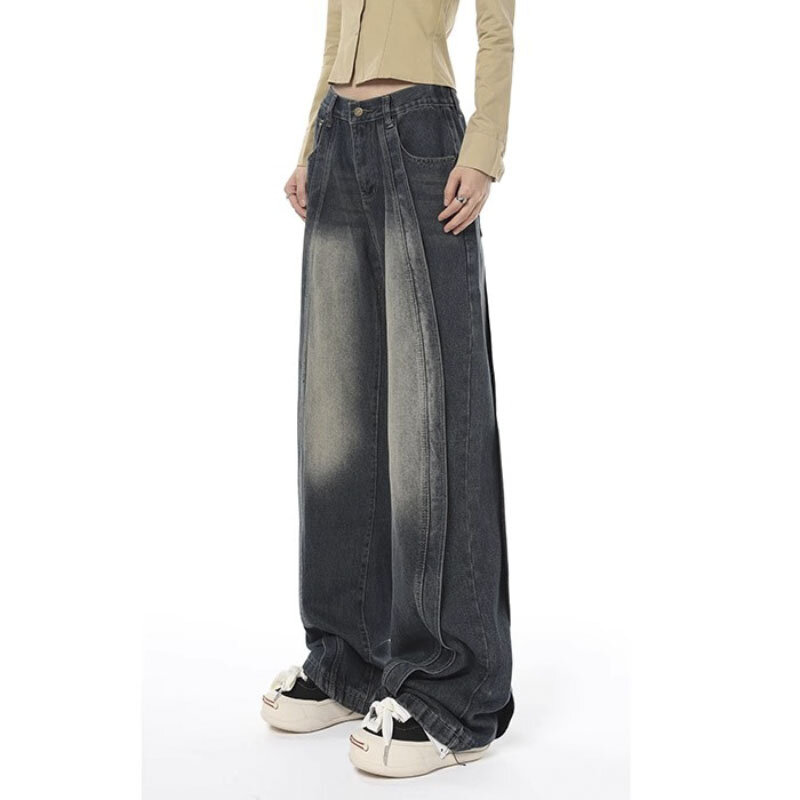 Y2K Style Vintage Design Sense Jeans Streetwear Wide-leg High-waisted Baggy Wash Trousers High Quality Mom Denim Trousers