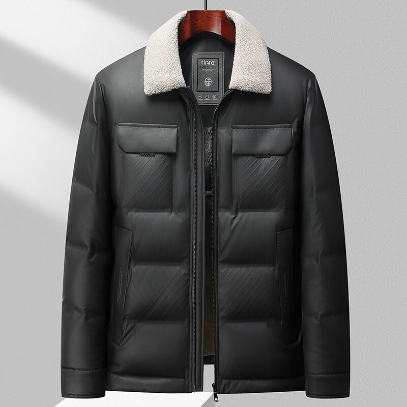 Casaco de pele de cordeiro destacável masculino, jaqueta de pato branco, outwear casual de negócios, couro PU curto, casaco de inverno clássico, 2023