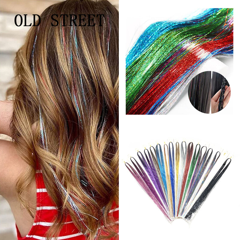 Sparkle Shiny Hair Tinsel Rainbow Dazzles Women Bling for Braiding Headdress Hairpieces Silk Hair Extensions 120 Strands/bag