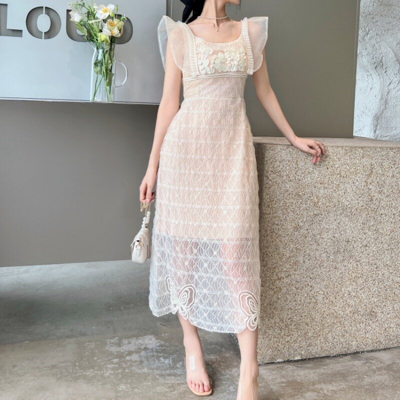 Elegant  Summer Women Dress Lace Bodycon Sleeveless Hollow Out Apricot Mesh Vestido Ladies Square Neck Vintage Clothing Runaway
