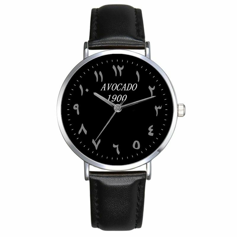 Reloj de pulsera de cuarzo árabe de marca aguacate, correa de cuero negro, reloj de moda