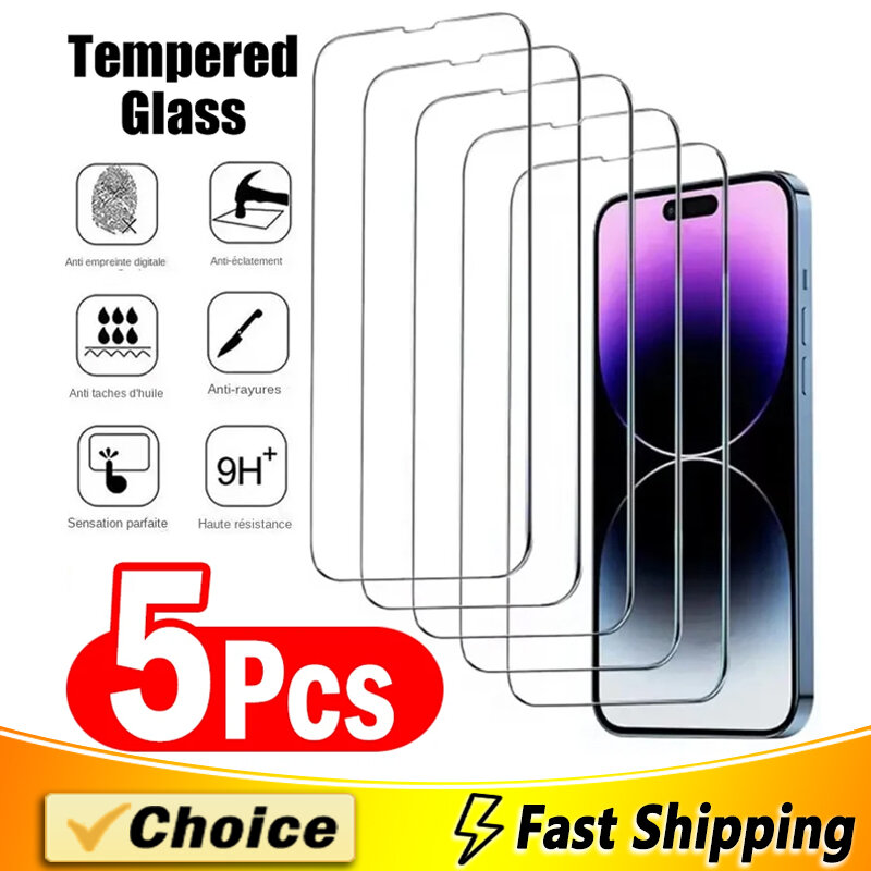 Protetor de Tela de Vidro Temperado para iPhone, 15, 14, 13, 12, 11 Pro Max, 12Mini, 13Mini, 7, 8 Plus, SE, X, XS, XR, 14Pro, 5 PCes