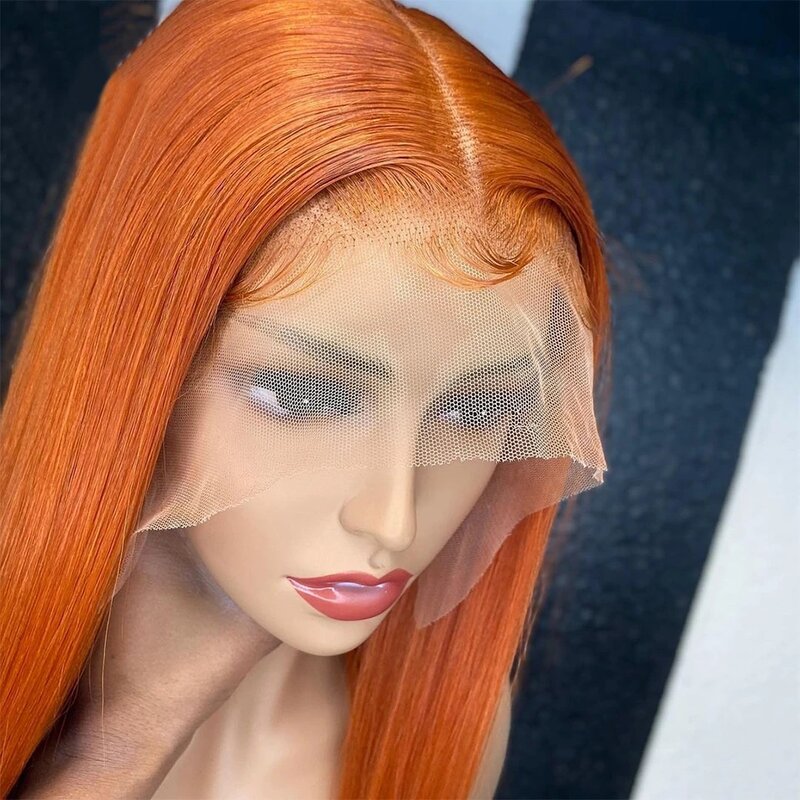 Peluca de cabello humano liso con encaje Frontal, pelo Remy Natural sin pegamento, color naranja jengibre, 13x5, HD