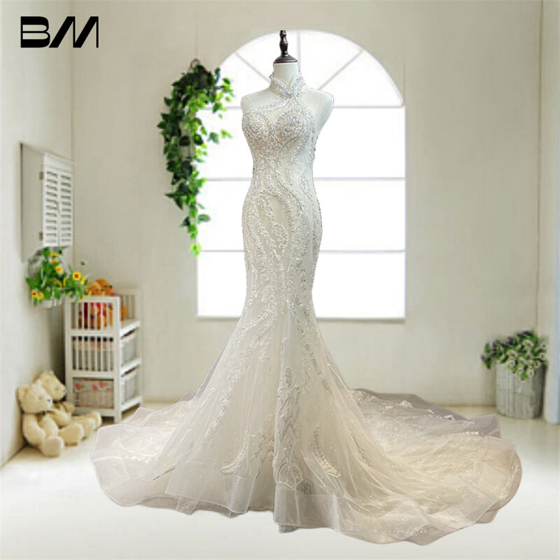 Indicate Beads Mermaid Bride Dress With Flare Long Train Halter Wedding Dresses For Women Tulle Bridal Gown Robe De Mariee