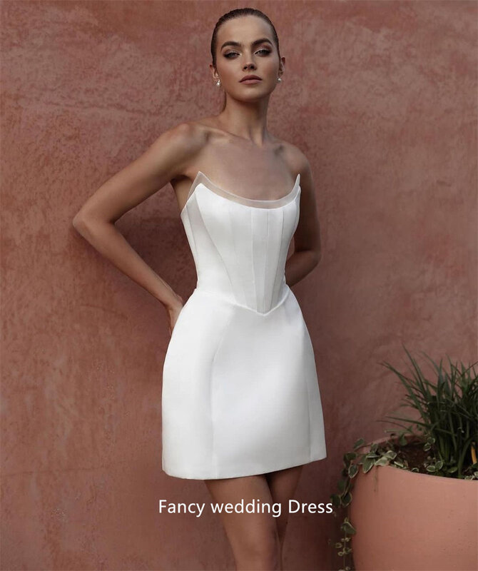 豪華でエレガントな白いミニウェディングドレス,ストラップレスのイブニングドレス,ノースリーブ,サテン
