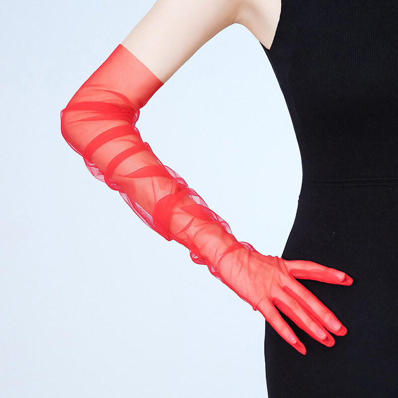 Długie rękawiczki koronkowa siateczka w kolorze cukierków Ultra-cienka i Ultra-długa suknia ślubna rękawiczki