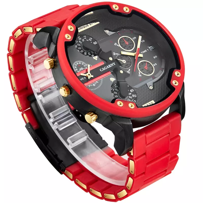 남성용 골드 시계, 럭셔리 브랜드, 유명한 듀얼 타임 밀리터리 Relogio Masculino, 3D 대형 케이스 쿼츠 시계, 레드 남성 시계, 57mm