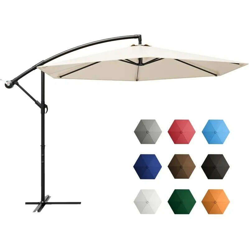 Parapluie de marché extérieur avec manivelle et base transversale, porte-à-faux, 10 pieds