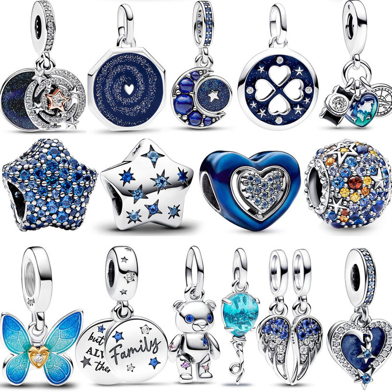 2024 nowy S925 Sterling Silver Fit oryginalny Charm bransoletka koraliki Galaxy serce niebieski motyl wisiorek kobiety naszyjnik DIY biżuteria