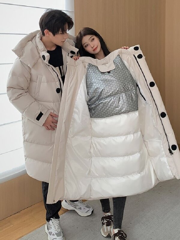 Casacos de baixo estilo de ferramental coreano para homens e mulheres, casacos longos em X, casacos quentes e grossos 90% brancos, inverno, novo, 2023