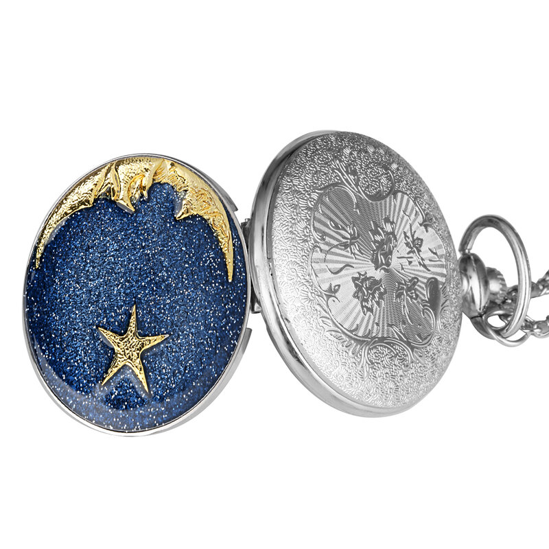푸른 별이 빛나는 하늘 석영 포켓 시계 목걸이, 별과 달 패턴 목걸이 포켓 시계 시계 선물 릴리프 아트 디자인 펜던트