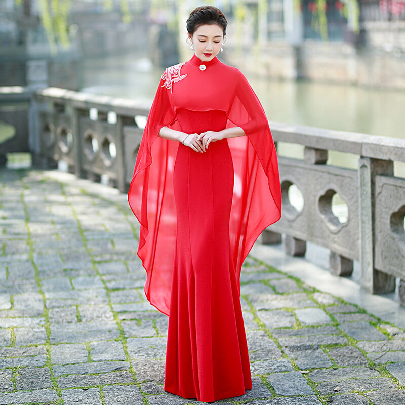 Qipao largo de fiesta de noche rojo para mujer, vestido Sexy de Modal para espectáculo, Cheongsam para dama, cuello chino mandarín, talla grande 5XL