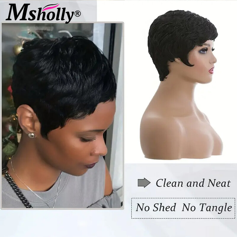 Pelucas cortas de corte Pixie para mujeres negras, pelo humano listo para usar, sin pegamento, ondas al agua, baratas, hechas a máquina