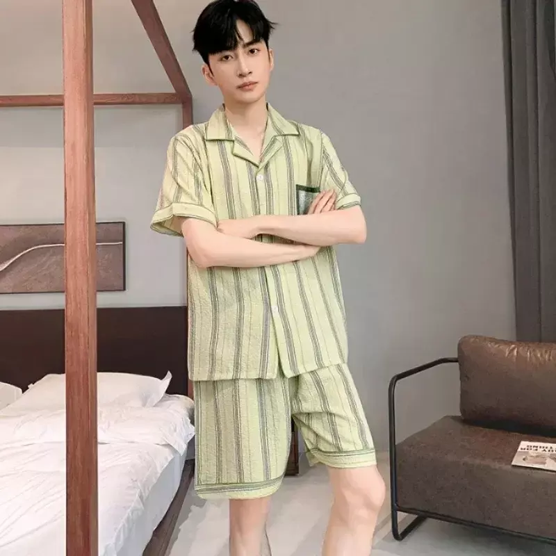 Pyjama japonais à manches courtes pour hommes, short en coton fin, service 2023 zones, été, maison, pantalon à carreaux imbibé