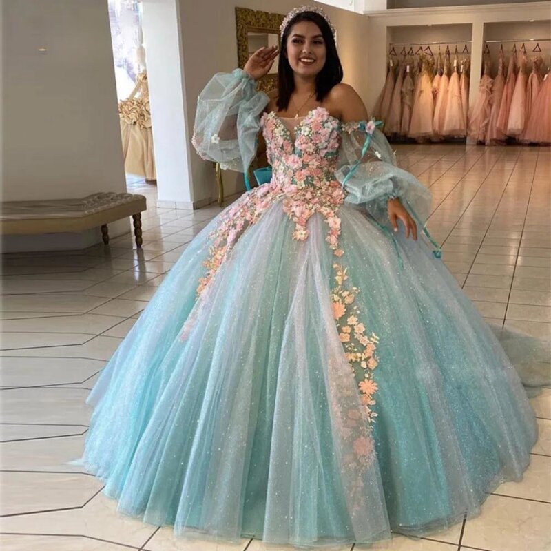 Graceful Off The Shoulder Quinceanera abiti colorati 3D Flower Ball Gown Sparkly Sweet 16 Year Princess Dress vestidos de anos