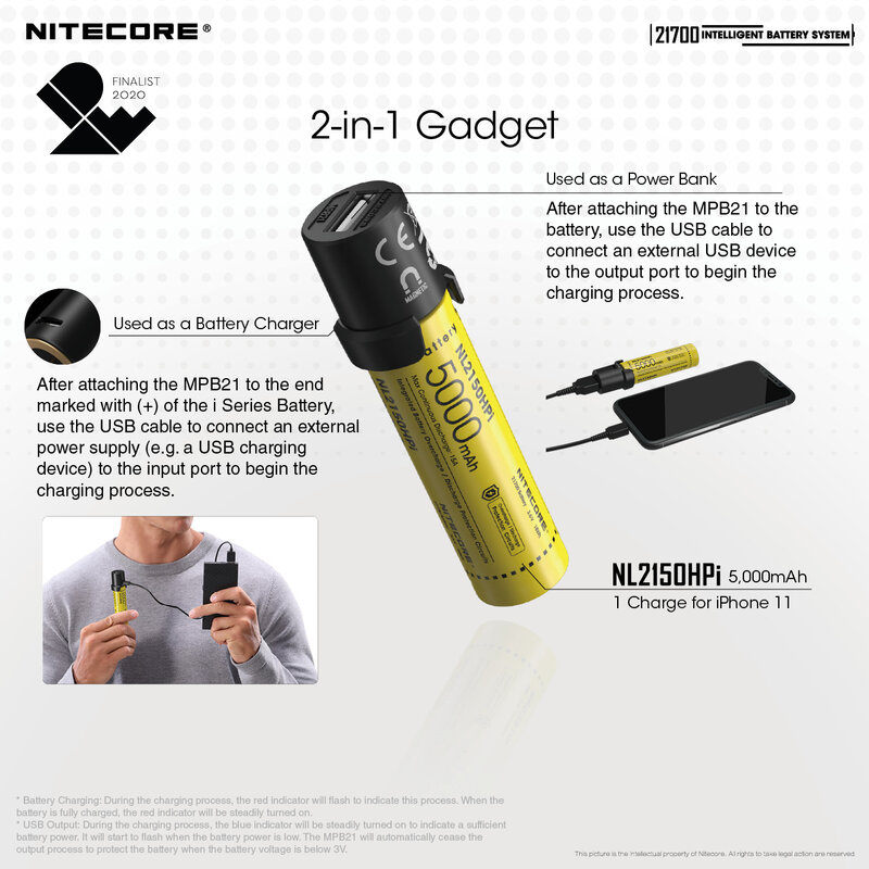 NITECORE MPB21 High CRI фонарик 21700 интеллектуальная аккумуляторная система NL2150HPi 5000 мАч перезаряжаемая батарея + 3 в 1 пауэрбанк + ML21