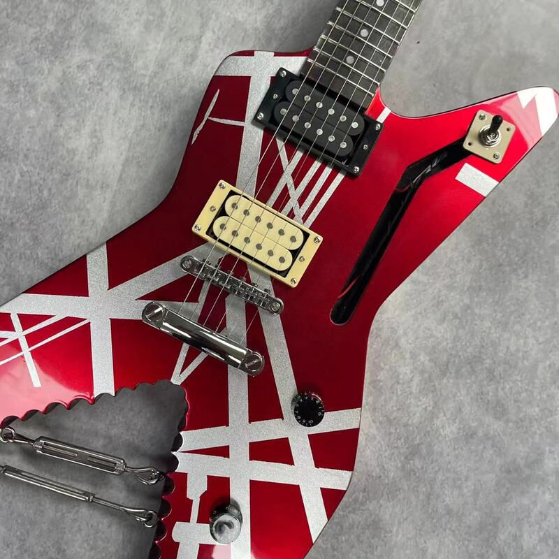 Electric guitar with 6 strings, metal red body and silver stripes, rose wood fingerboard, maple wood track, real factory picture