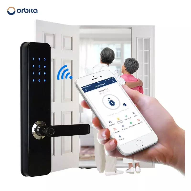Orbita kunci Tt keamanan tanpa kunci Tuya Wifi App Rfid kode Digital biometrik kunci pintu rumah pintar sidik jari
