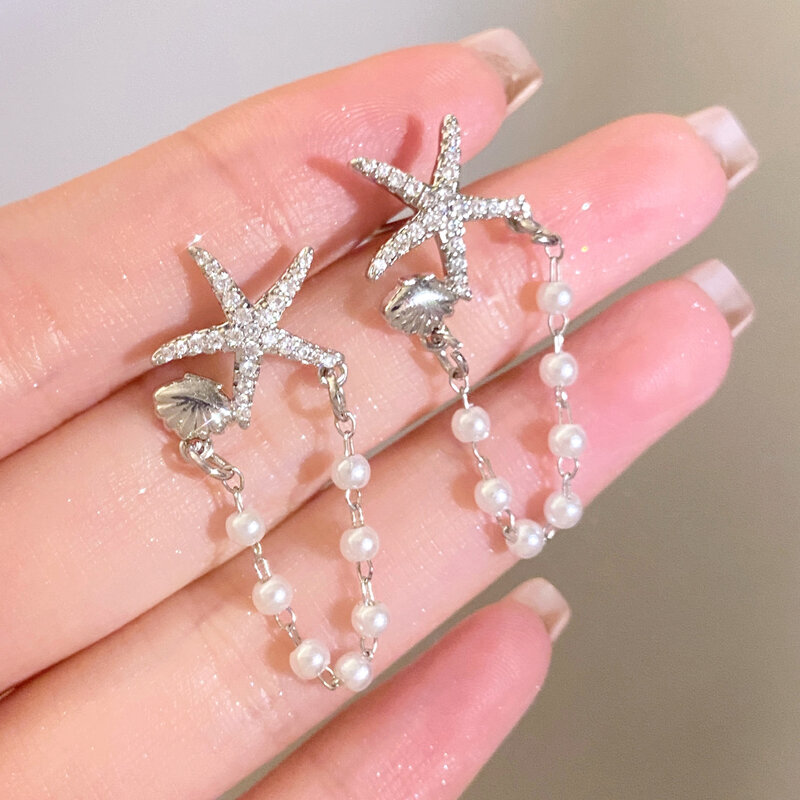 Two Piece Fashion Exquisite Starfish Pearl Shell Inlaid Zircon Copper Silver Colour Tassels Earrings Woman Party Gift Daily