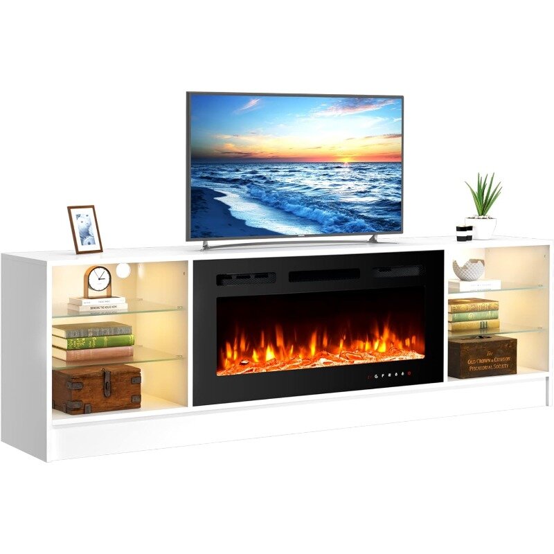 79" Fireplace TV Stand with 40" Electric Fireplace, TV Console for TVs up to 90", Entertainment Center with Adjustable Glass