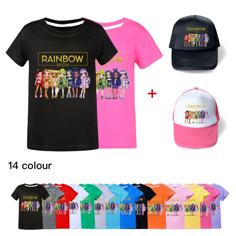 Camiseta Kawaii de arcoíris para niños, ropa de verano, camiseta de manga corta y sombrero para el sol, camiseta informal para niños pequeños