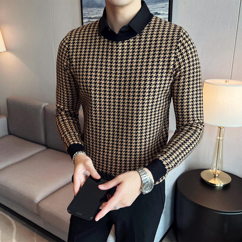 Camisola de tricô térmica masculina camisa Slim Fit masculina, Pulôver de alta qualidade falso de duas peças, roupas de marca, Inverno 2022
