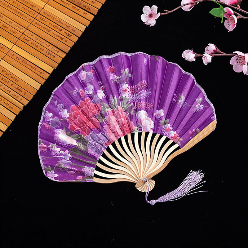 Abanicos de baile de flores hermosas, abanico Floral plegable de mano, accesorio de escenario para actuación de baile, fiesta de boda, abanicos de bambú japoneses