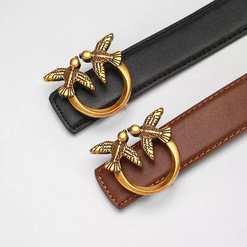 2024 Ladies Real Cow Leather Bird Buckle with Simple Leather Belt Swallow Decorative Retro Belt for Women Spot  Belts for Women