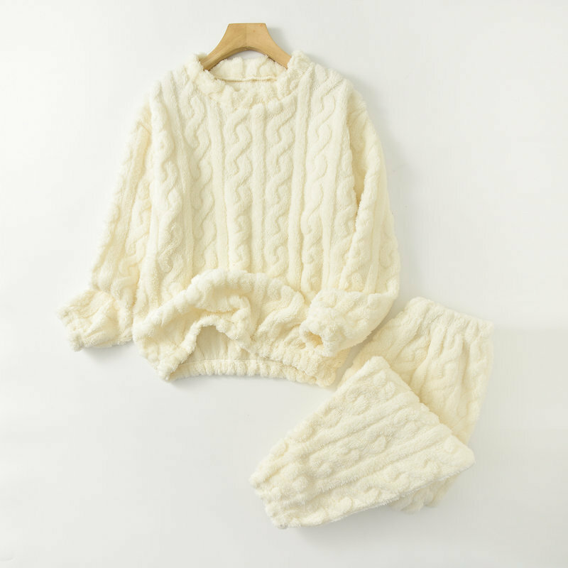 Fdfklak Fato de pijama de duas peças de veludo, calça acolchoada de manga comprida, roupa para casa jacquard solta e quente, casual, outono e inverno