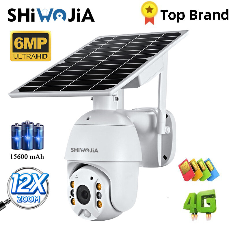 SHIWOJIA-cámara 4G con tarjeta SIM, Panel Solar de 5MP/6MP, monitoreo al aire libre, CCTV, alarma de intrusión bidireccional para el hogar inteligente, modo de espera largo